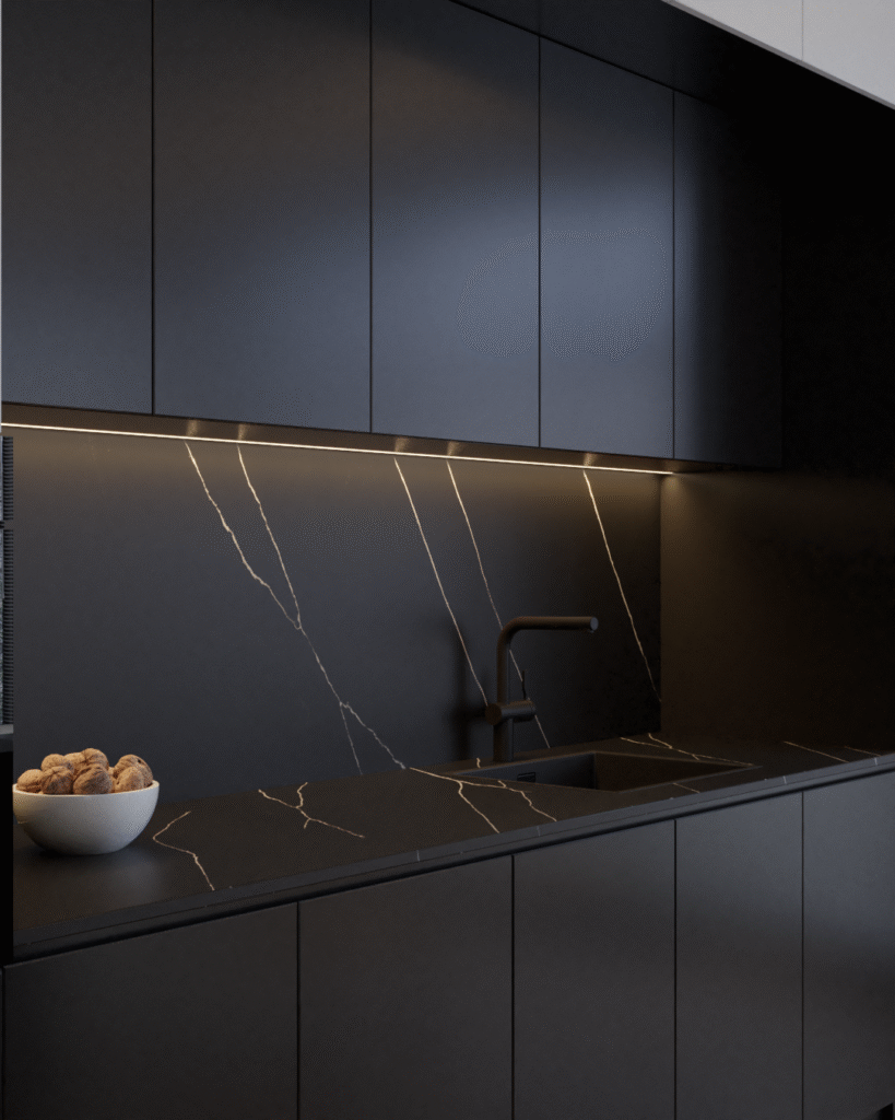 kuchnia z blatem z spieku podświetlanym listwą led