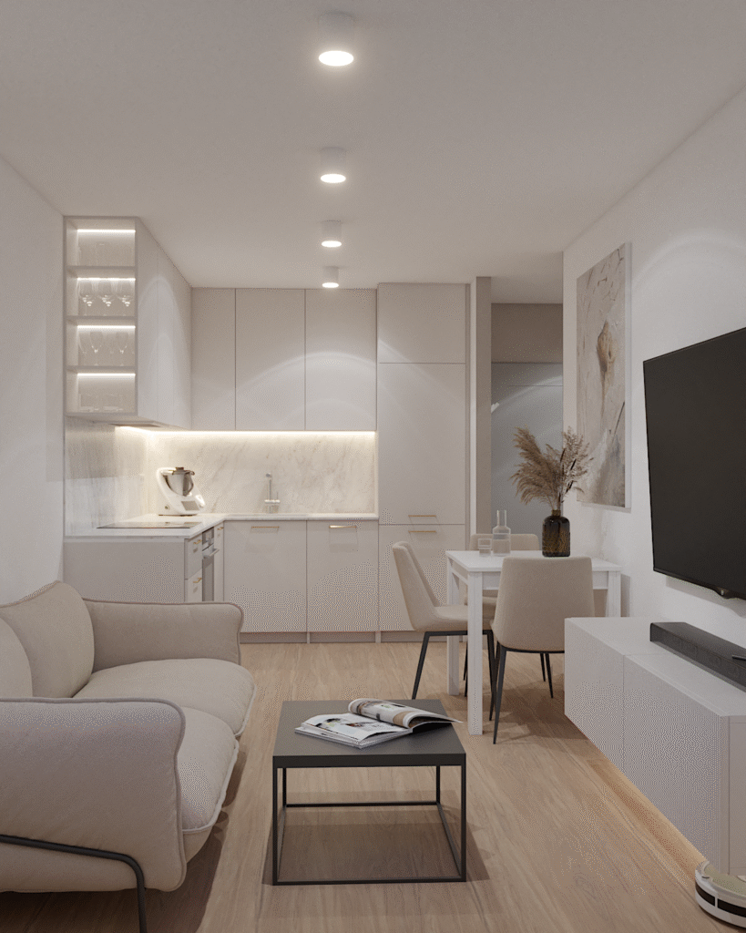 Minimalistyczna kuchnia w zabudowie z beżowymi frontami i podświetleniem LED pod szafkami