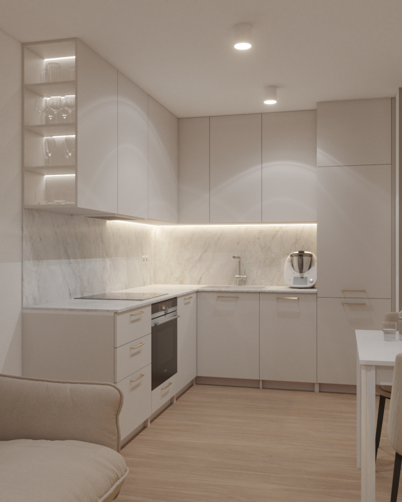 Kuchnia z kaszmirowymi frontami, zabudową na wymiar i podświetleniem LED pod blatem