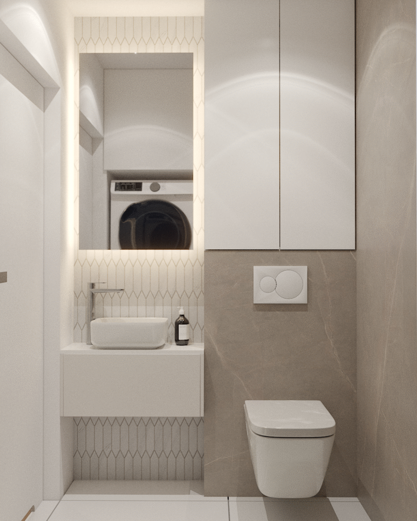 Nowoczesna łazienka z umywalką nablatową i jasną zabudową szafek