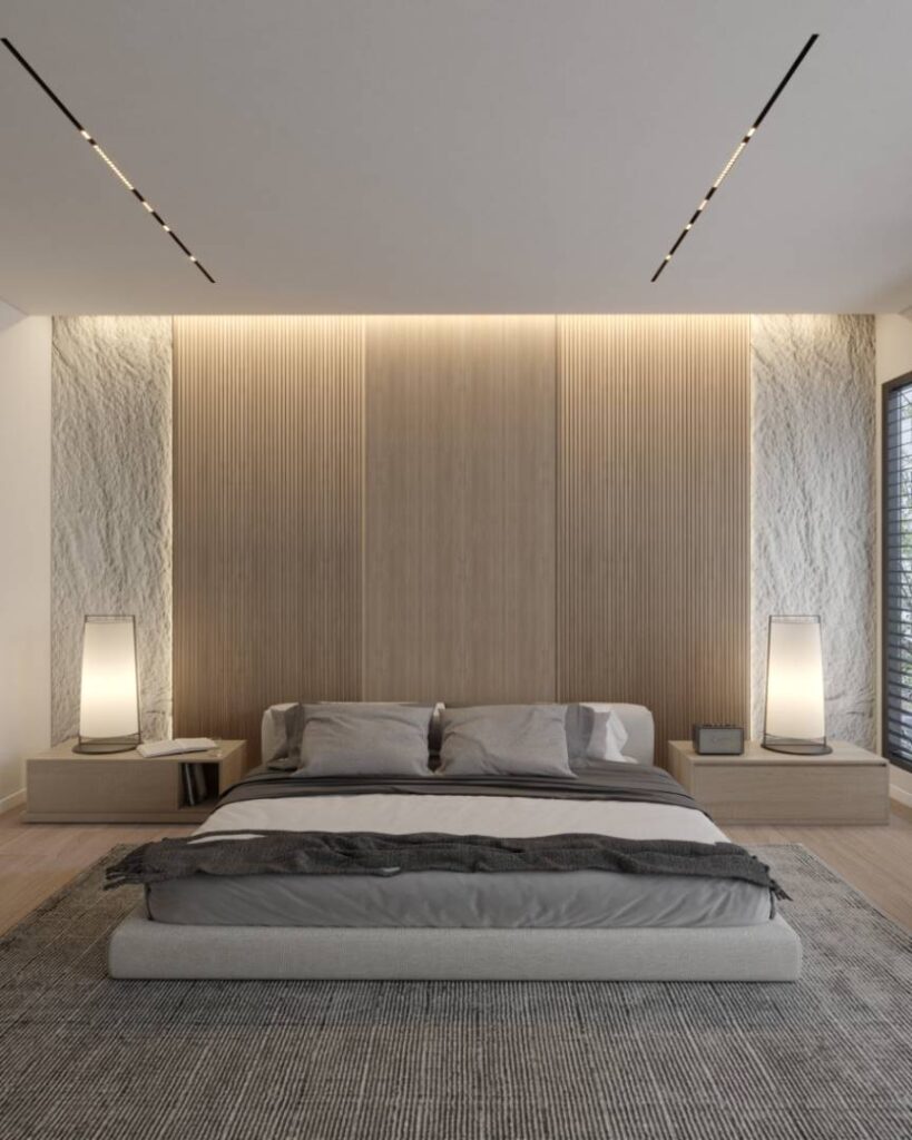 Minimalistyczna sypialnia z drewnianą lamelową ścianą