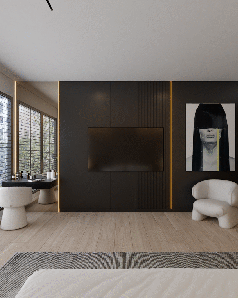 sciana TV wykończona czarną płytą meblową i pionowymi paskami led oraz toaletką z lustrem