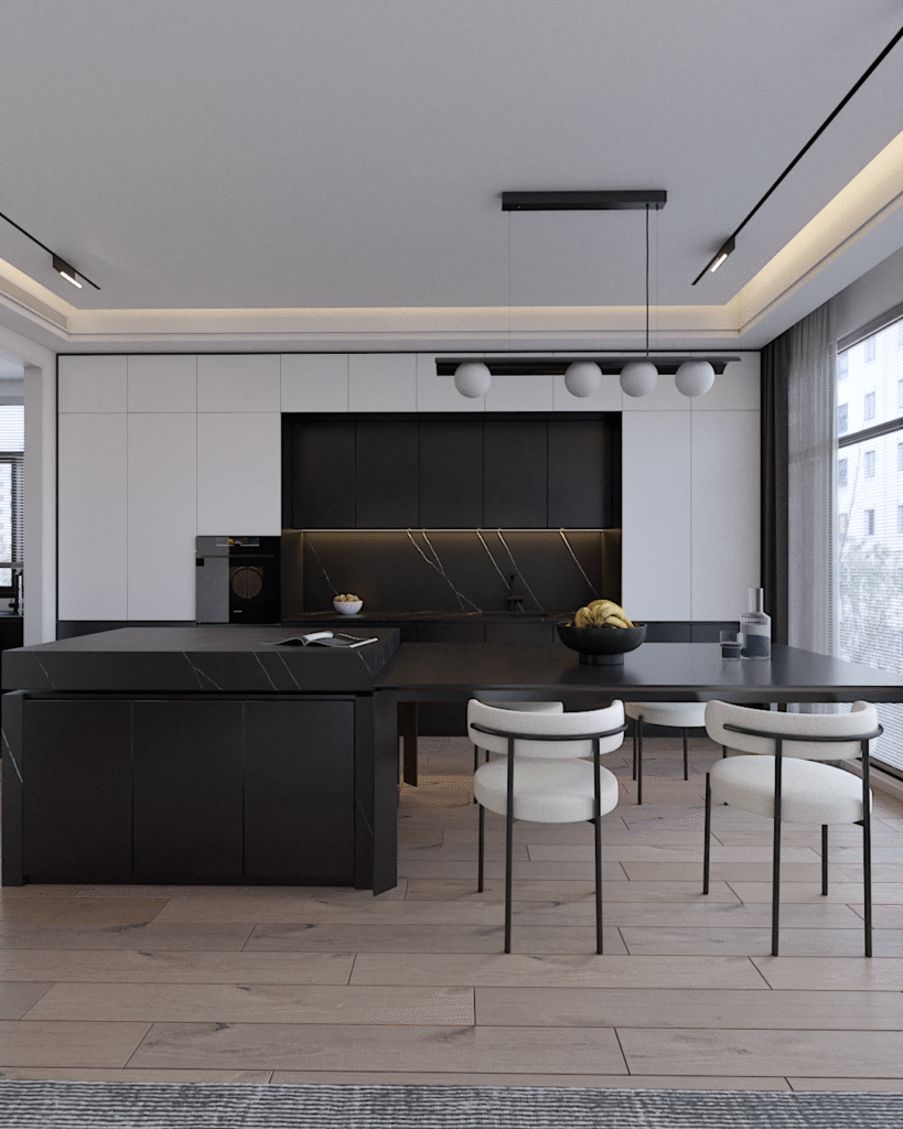 Nowoczesna kuchnia z czarnymi frontami, białymi szafkami i drewnianą podłogą.