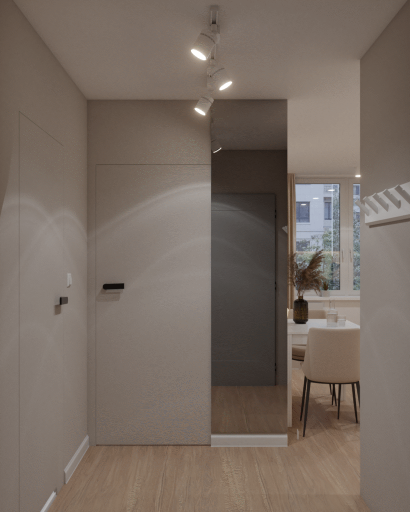 Nowoczesny przedpokój z dużym lustrem i minimalistycznym oświetleniem sufitowym