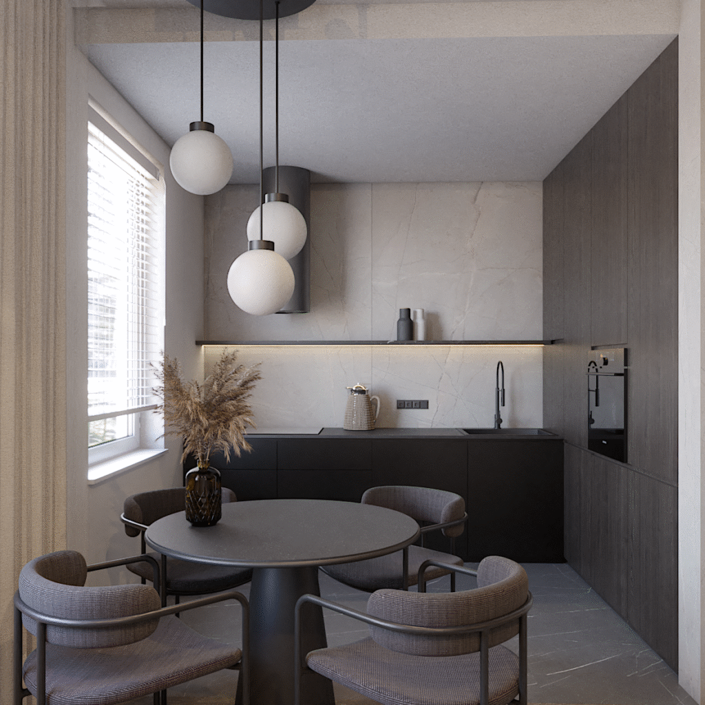 Minimalistyczna kuchnia z ciemnymi frontami kuchennymi i okrągłym stołem