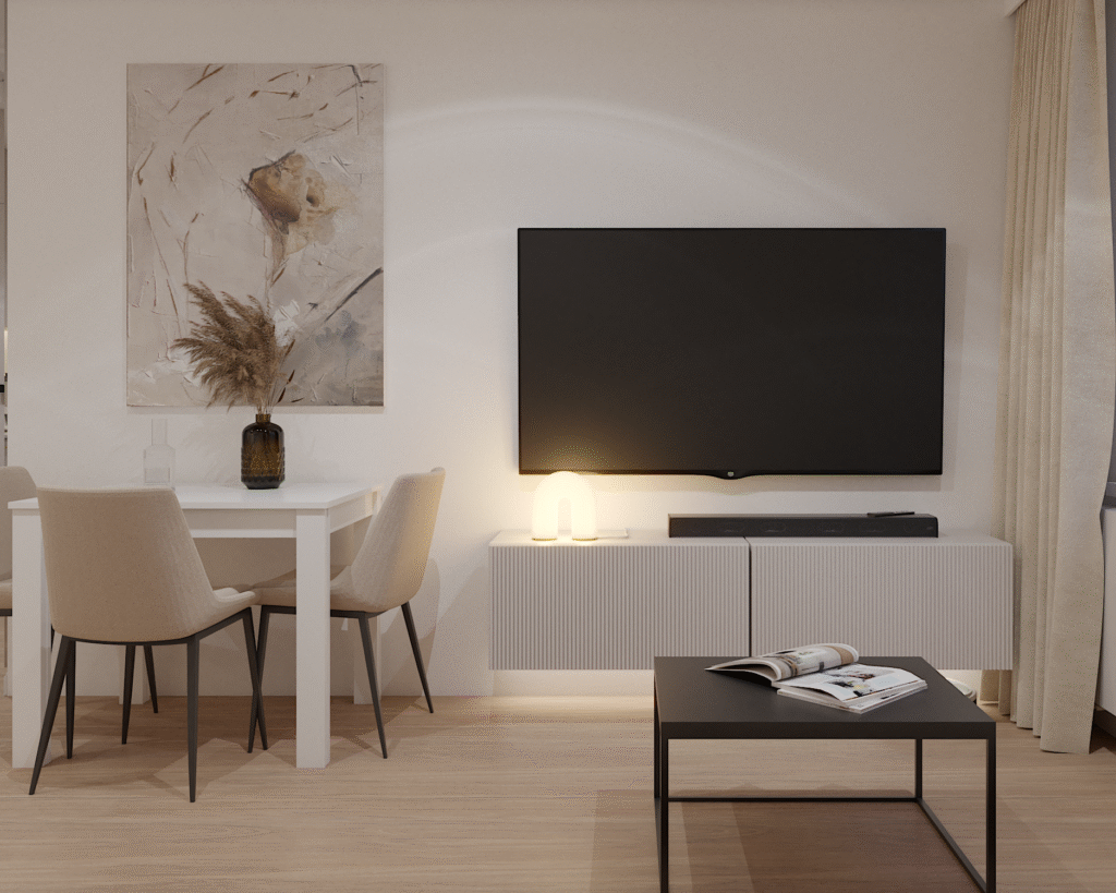 Salon z jadalnią w nowoczesnym stylu, stolikiem kawowym i telewizorem na ścianie