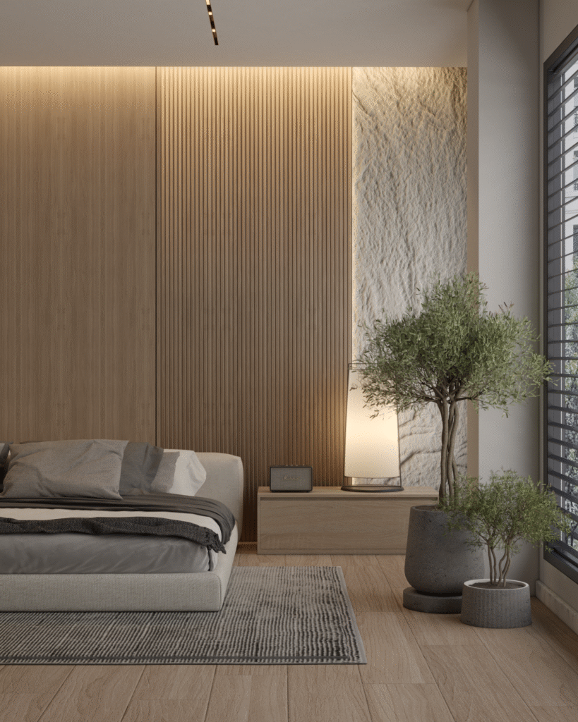 ozdobna ściana z panelem imitującym skałę