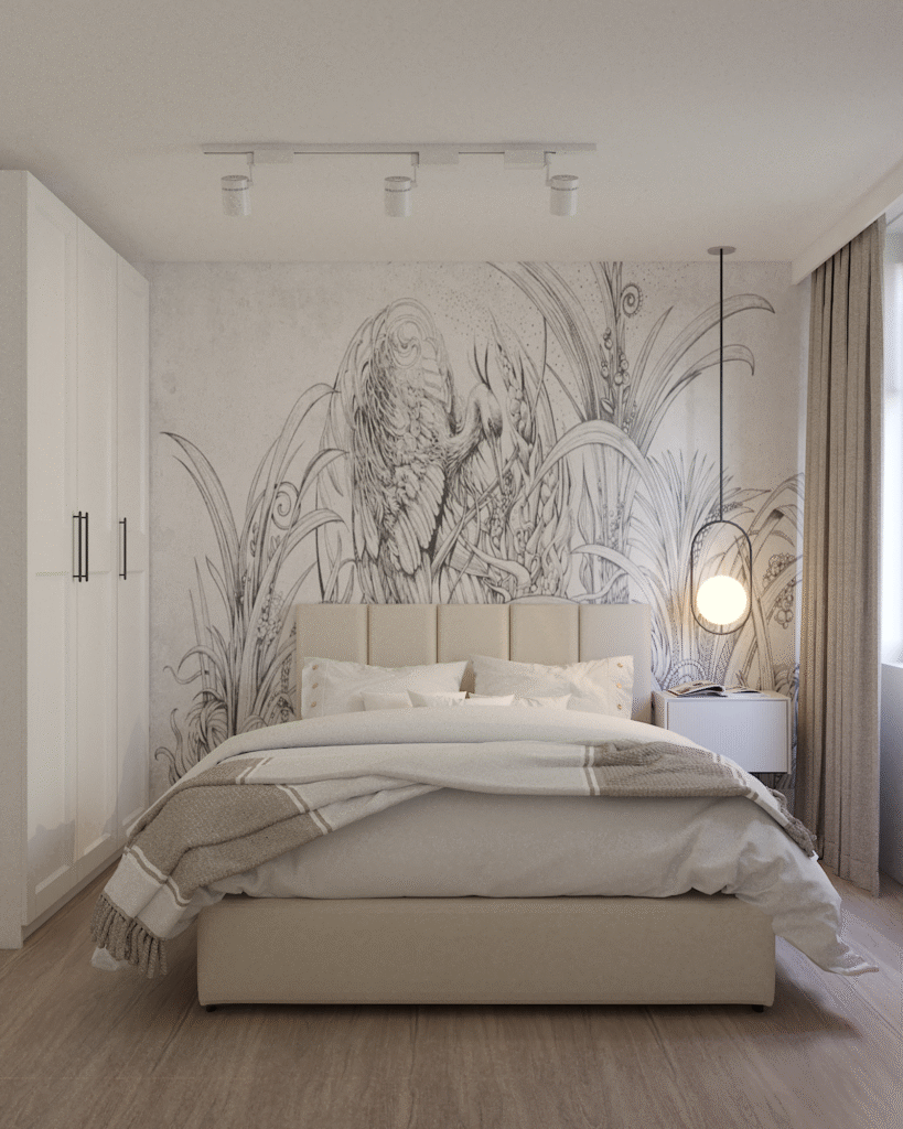 Sypialnia w beżowych odcieniach z dużym łóżkiem, tapetą na ścianie z motywem ptaka.